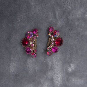 Vintage Rhinestone Clip-On Earrings Pink & Red Floral Design